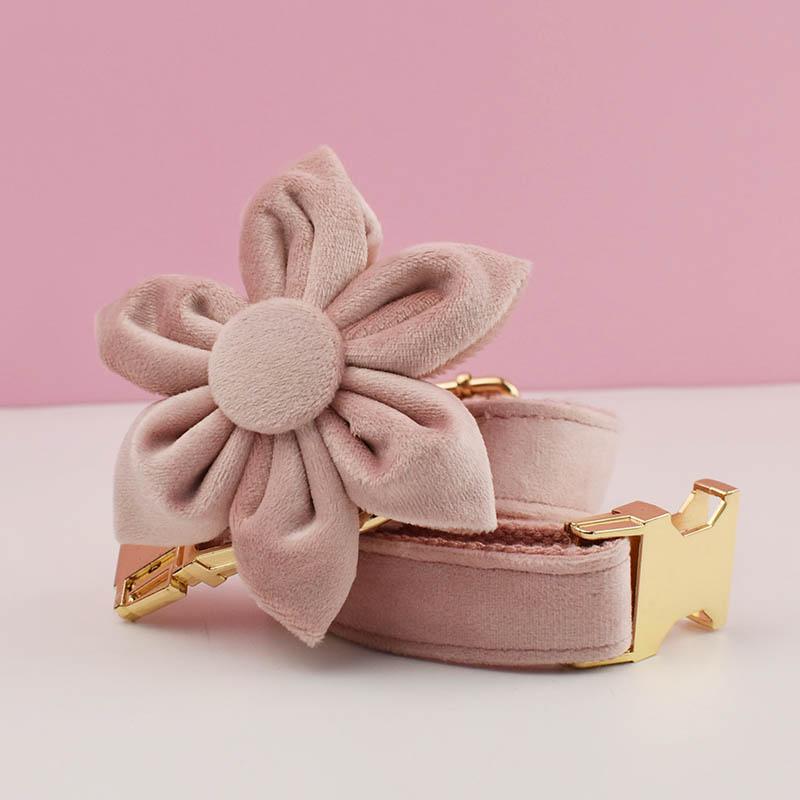 Pale Pink Velvet Dog Collar And Leash Set For Dogs Custom Engraved Nameplate Pet Supplies Dog Leash Velvet36