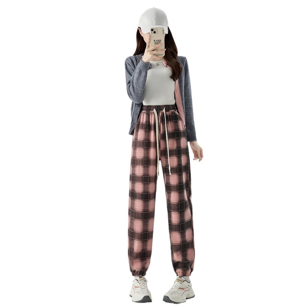 New Korean Style with Plush Velvet Thickened Autumn and Winter Loose Slim Plaid Tying Pants High Waist Harem Trousers for Women