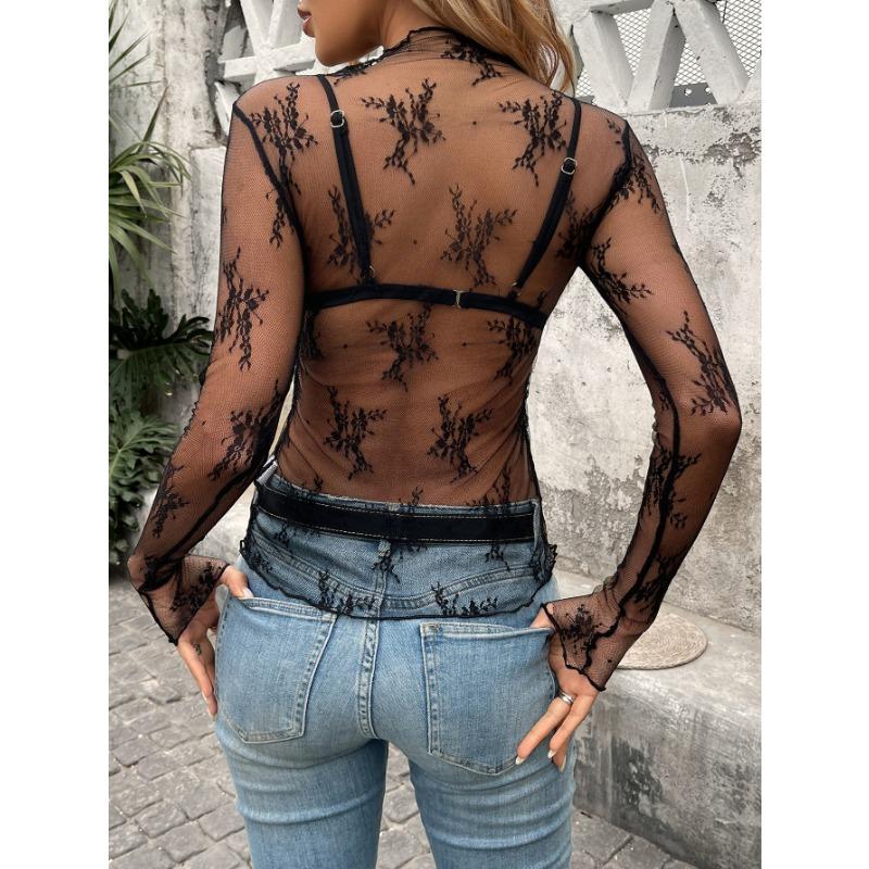 Women Half Turtleneck Lace Floral Mesh Slim Fit Long Sleeve Base Top