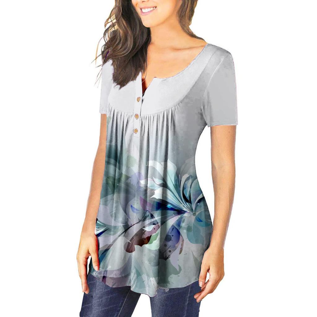 Tunica a maniche corte da donna T-shirt larghe T-shirt casual taglie forti Tunica a pieghe Bottoni T-shirt floreali estive casual per le donne