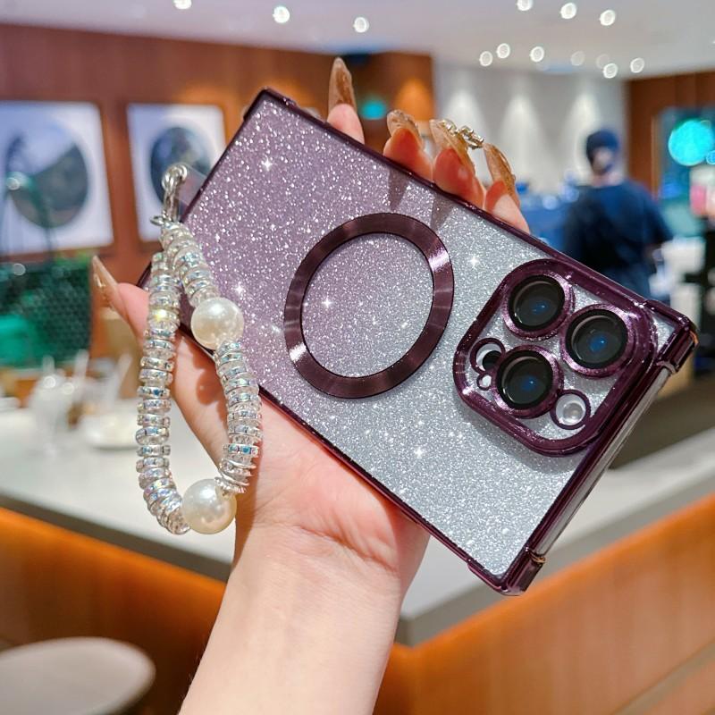 Glitter Case For iPhone 16 Pro Max 17 14 15 Plus Bracelet Short Chain Pearl Diamond Strap Lanyard Shockproof Magnetic Soft Cover