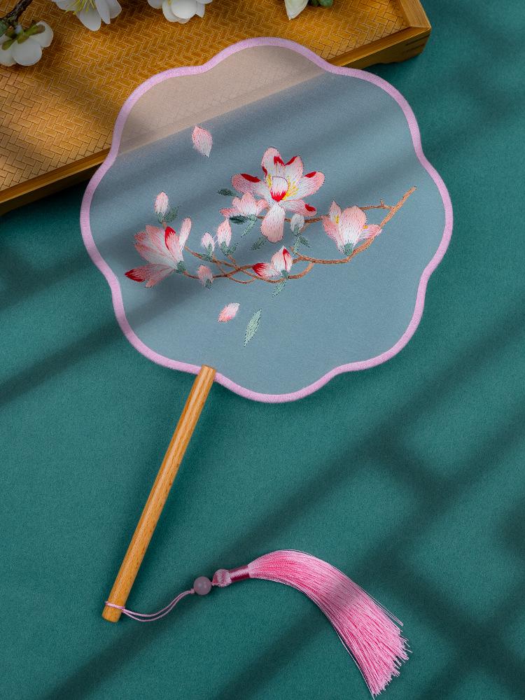 Chinese Embroidered Eight-Petal Round Dance Fan with Tassel - Perfect for Hanfu and Qipao Costumes