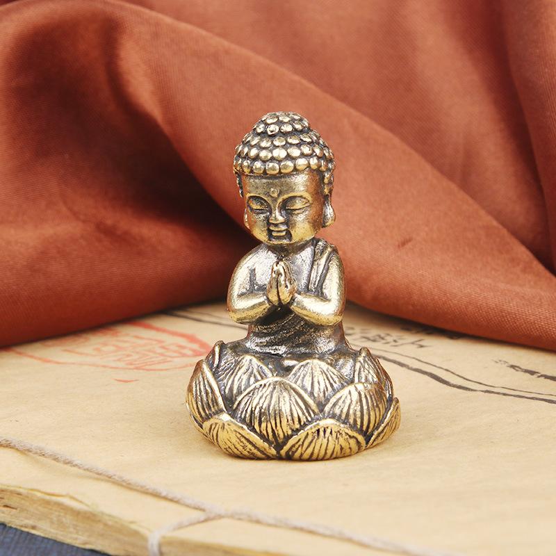 Vintage mosazný knížecí stolní ozdoba bronzová socha Buddha Šákjamuni přenosný kapesní Buddha starožitný policista