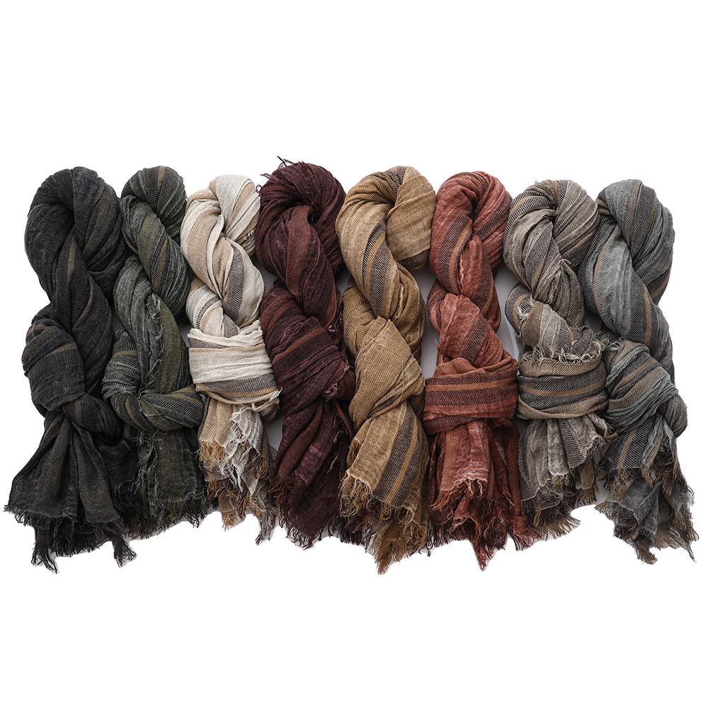 Foulard Rétro Unisexe en Coton et Lin: Rayures Color Block avec Pompons, Style Wasteland pour l'Automne/Hiver