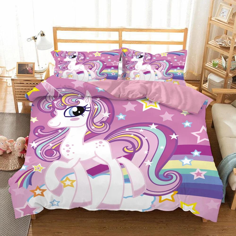 Unicorn Kids Girls Pink 3D Bedding Set Duvet Cover Sale Cartoon Bedcllothes Animal Printed Queen King Size Home Duvet Covers