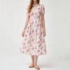 Ladies Summer Bohemian Vacation Elegant Floral Print Crew Neck Lace Splicing Bubble Sleeve Dress