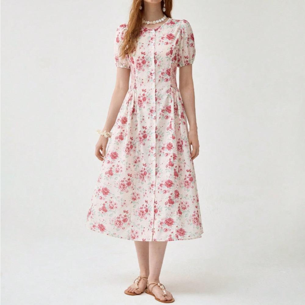 

Женское летнее богемное платье для отпуска, элегантное, с цветочным принтом, с круглым вырезом, с кружевной вставкой, с пышными рукавами S розовый