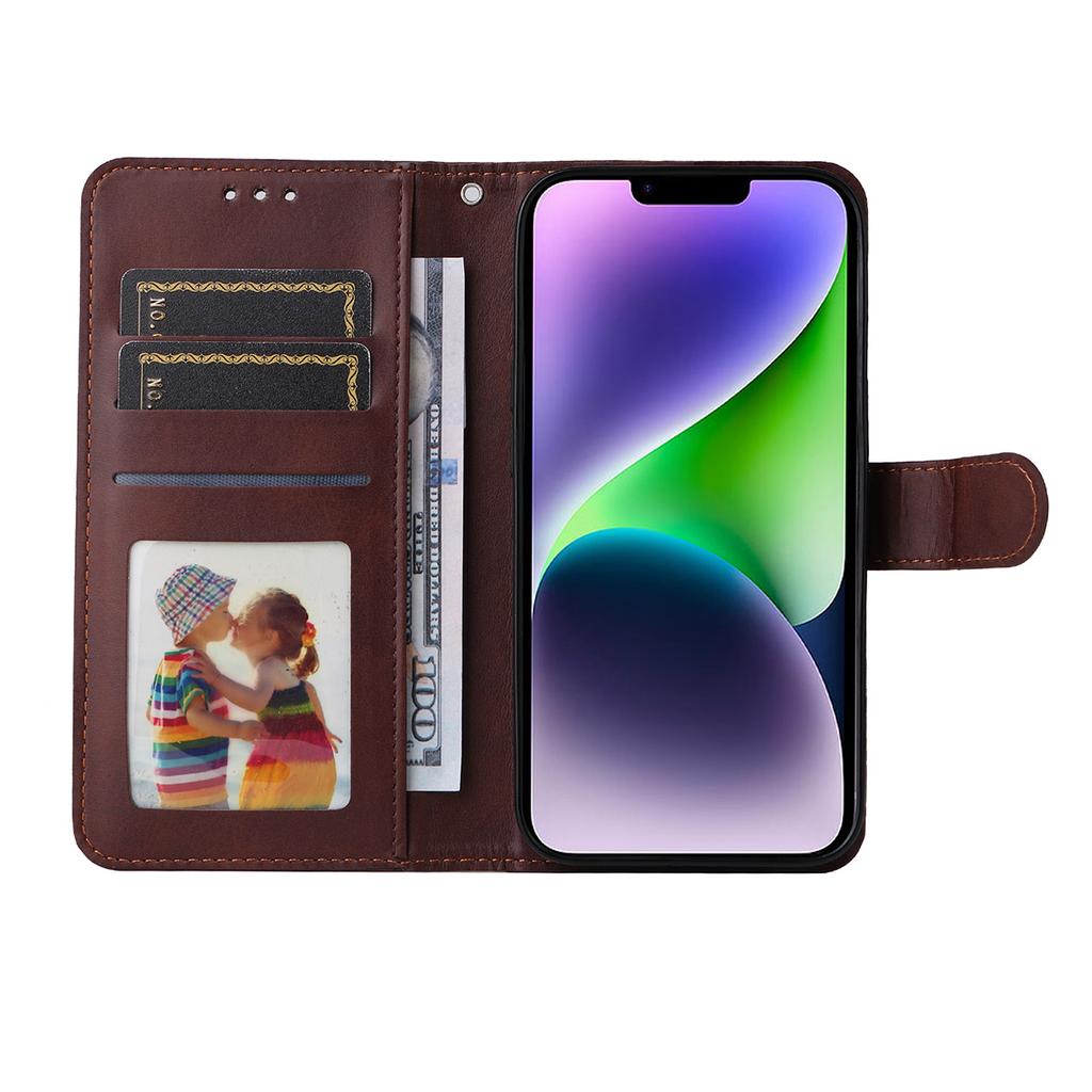 For iPhone 15 PU Leather Wallet Case Phone Stand Cover with Tempered Glass