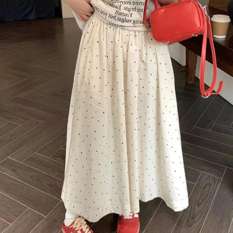 Soft Beige Polka Dot Midi Skirt for Women - Summer High-Waist A-Line Long Skirt with Simple Elastic Waist