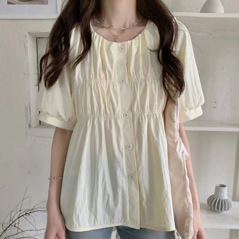 Summer French Versatile Solid Color Round Neck Short Sleeve Shirt Puff Sleeve Pleated Loose Women