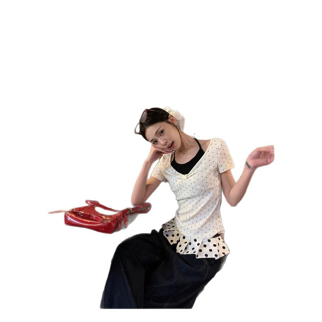 Gepunktetes gefälschtes zweiteiliges kurzärmeliges T-Shirt Damen schick Sommer figurbetont Koreanisch Kontrastfarbe Mode süßes Hottie Top