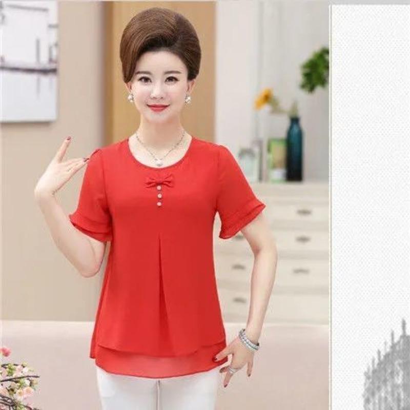Summer Middle-aged Women's Top Plus Size New Summer Women's Loose Short Sleeved T-shirt Chiffon Shirt