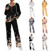 Women's V-Neck Print Long Sleeve Hooded Pajama Set with Pockets, Loose Fit Casual Wear