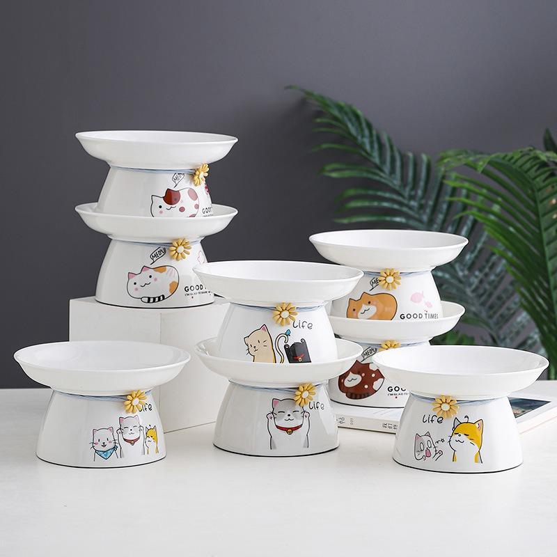 Pet Cat Bowl Ceramic Bowl Tall Black Chin Dog Rice Bowl Cute Drinking Protect Neck Spine Cat Food Bowl Anti Knock Over