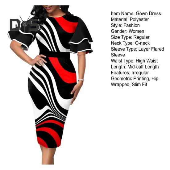 Women O Neck Layer Flared Sleeve Bodycon Dress Irregular Geometric Printing Hip Wrapped Office Lady Work Dress Workwear