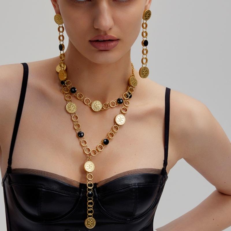 European and American Retro Gold Coin Earrings, Personalized Long Tassel Exaggerated Long Temperament Earrings Necklace Women's Sweater Chain