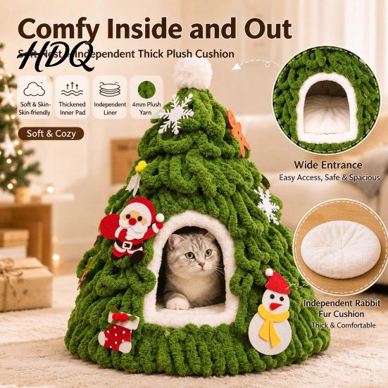 Tree Shaped Cat Bed Christmas Bed Foldable Semi-Enclosed Felt Cave 3D Gift for Cats Holiday Pet House Soft Yarn Hideaway Indoor Cats Xmas