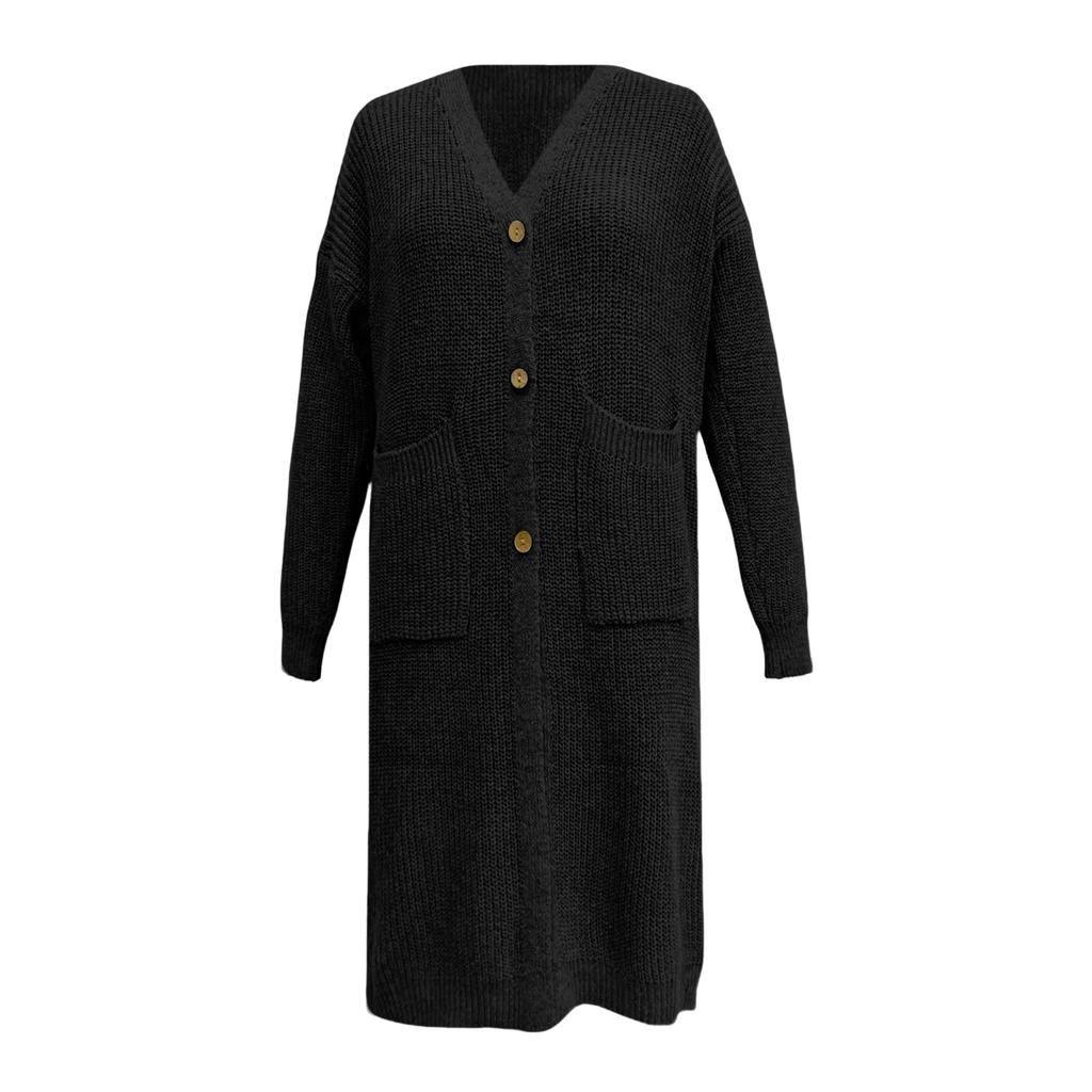 Women's Solid Color Long Sleeved Knee Length Knitted Cardigan, Lazy Trend, Medium Long Hair Jacket