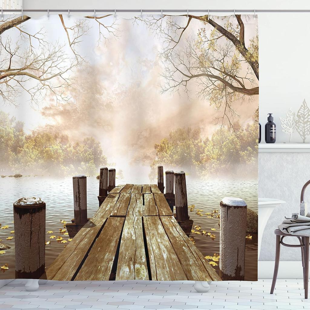 Aesthetic Boho Shower Curtain, Bold Exotic Leaves In Warm Tones, Rustic Burnt Orange Teal Blue, Fabric Set With Hooks