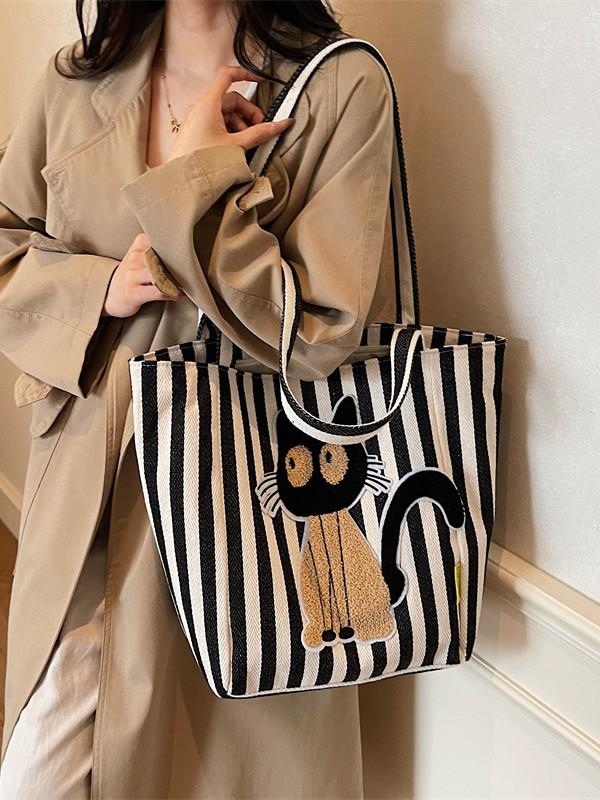 Korean Striped Cartoon Chenille Embroidery Canvas Bag - Large Capacity Cute Girl's Trendy Tote