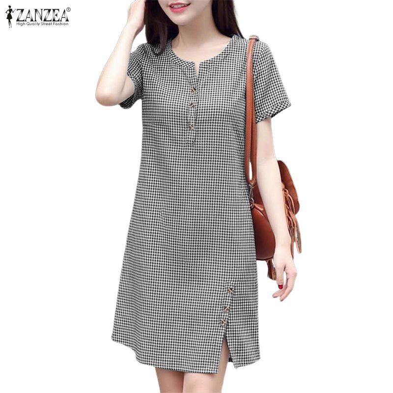 ZANZEA Women Plaid Print Casual V-Neck Summer Short Sleeve Dress