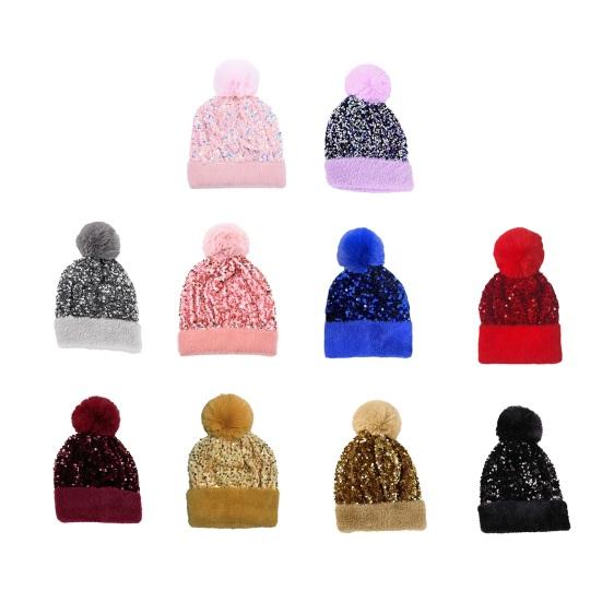 Women Knitting Hat Plush Ball Decor Shiny Sequins Decor Brimless Hat Winter Warm Furry Bucket Hat Headwear