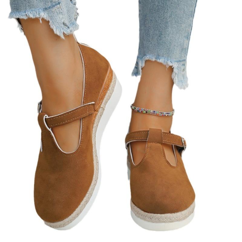 Thick-soled fashion casual single shoes women's printed bag head belt buckle hollow wedge heel large size single shoes