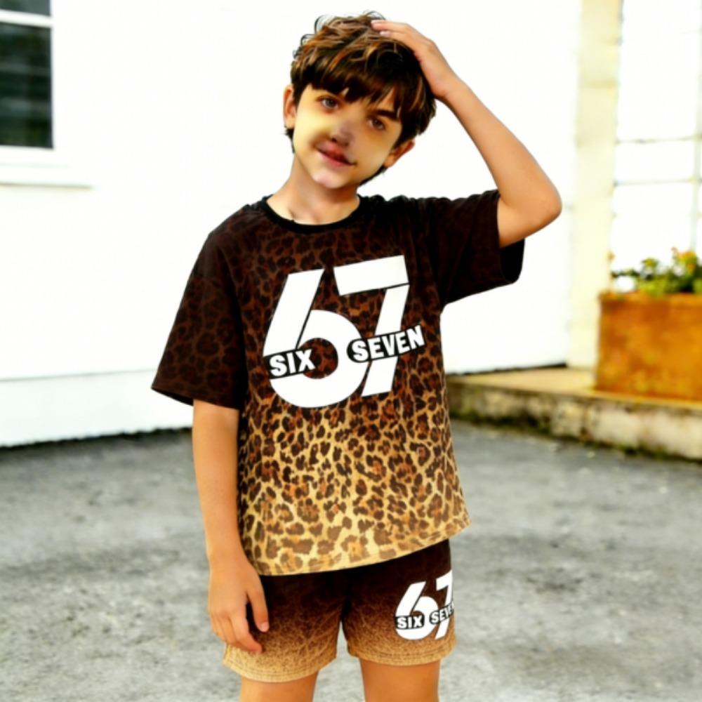 Fashion Leopard 67 Gradient Printed Men's T-shirt and Shorts 2 Piece Set Summer Casual Outfit for Men's and Women's Clothing Top