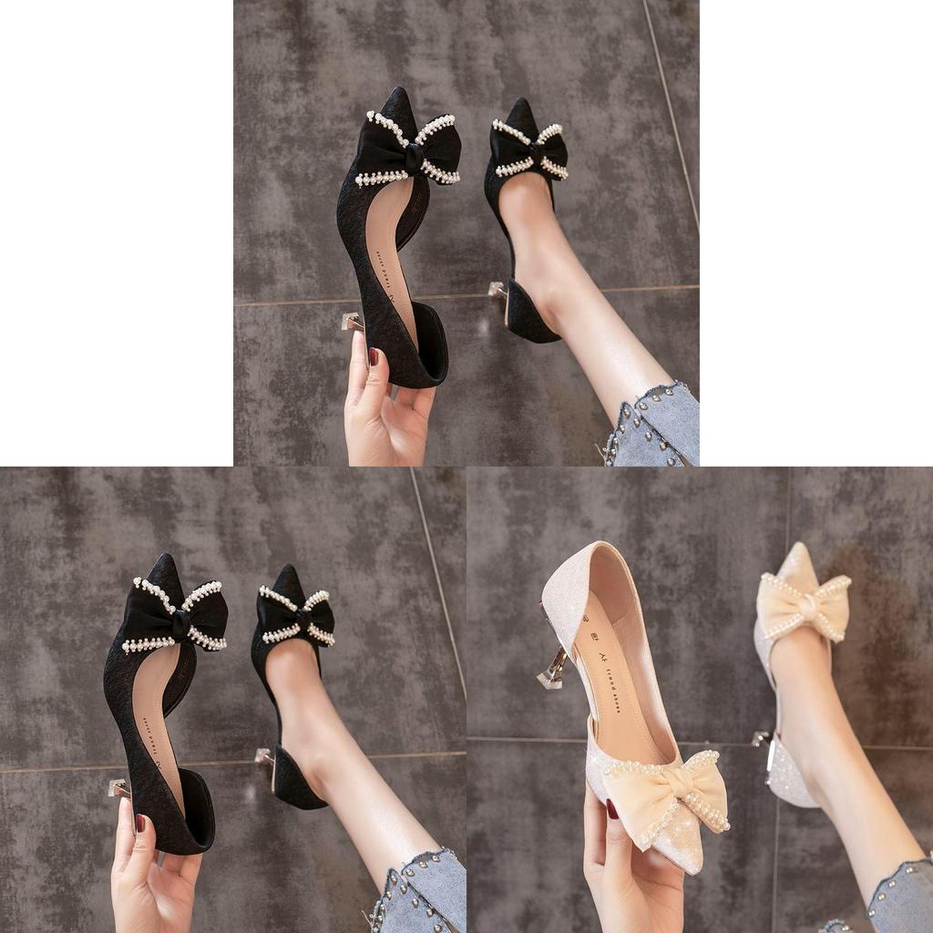 High Heels Women Elegant Pearl Butterfly Knot Pointed Toe Slipon For Daily Wear