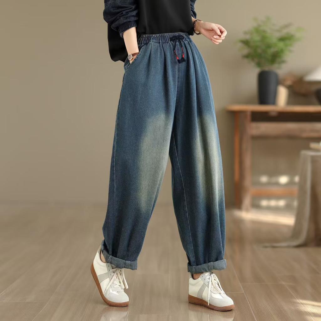 DIMANAF 2025 Summer Women Jeans Solid  Harem Pants High Waist Elastic Basic Loose Harem Pants