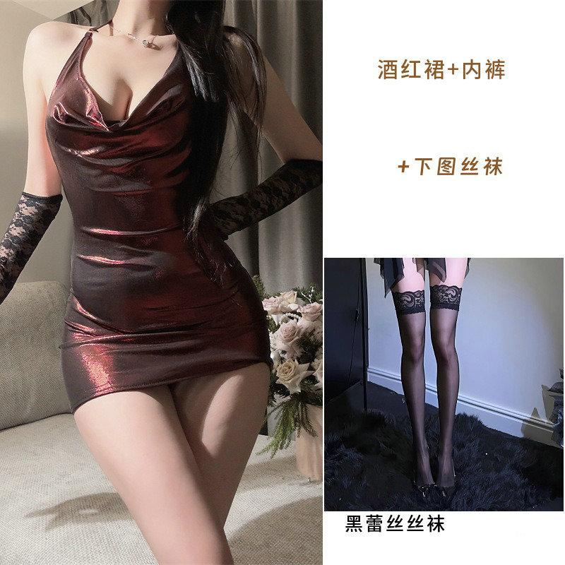 Sex Underwear Tight Hip Skirt Nightclub Passion Hot Dress, Patent Leather Deep V Neck Flirting Uniform