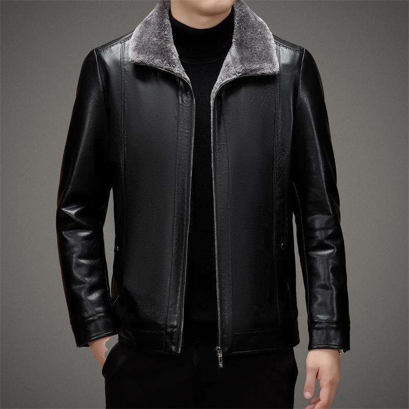 Dad, good leather jacket, real winter velvet, large size leather jacket, fur, middle-aged and elderly Haining integrated package plus men's coat.