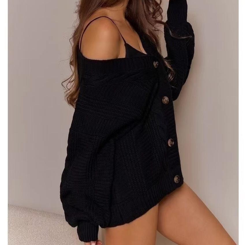 Autumn 2025 Women's V-Neck Lantern Sleeve Knit Cardigan - Loose & Sexy European/American Style Sweater