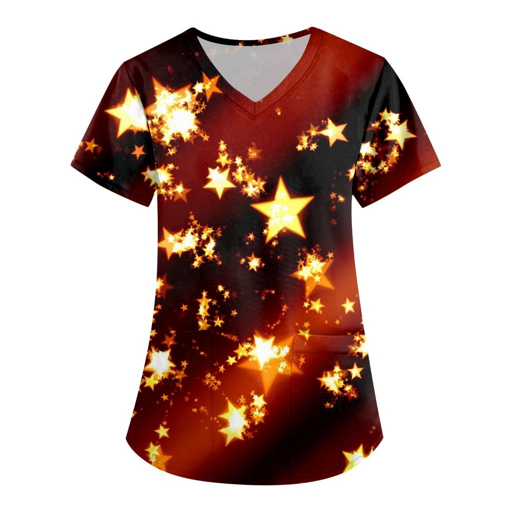 Women'S Christmas Printed Work Clothes V-Neck Double Layer Pockets Basic Top Pullover