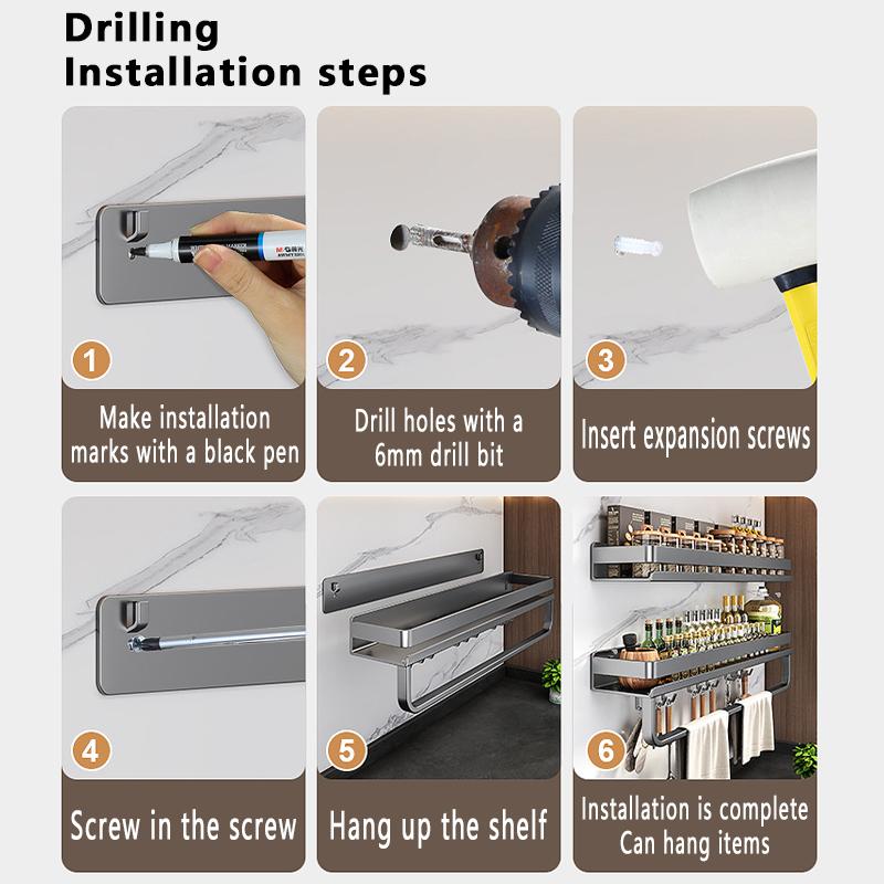 Estante de Cocina de Doble Piso de 40 cm Montado en la Pared Estante para Botellas de Condimentos de Acero al Carbono Multifuncional Estante para Trapos y Toallas, Gancho para Utensilios de Cocina