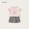Girl Summer Cartoon Rabbit Print Short Sleeve Dress Set With Bow For Toddler Girls