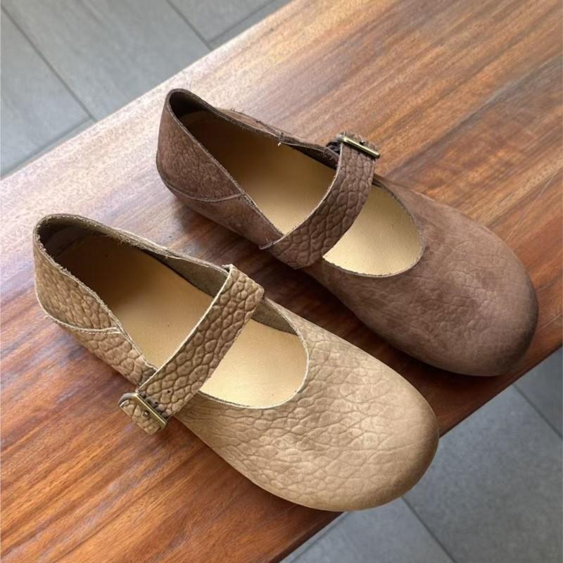 Johnature Genuine Leather Soft Soled Flats Retro Shallow Soft Cowhide Buckle Strap Women's Shoes