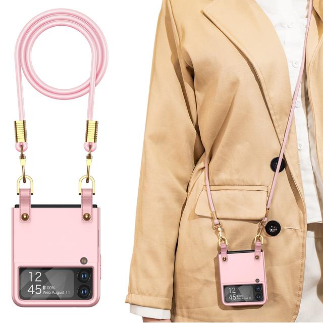 

Чехол для Samsung Galaxy Z Flip 4 3 5g, роскошный ультратонкий матовый ремешок через плечо со стеклянной пленкой, противоударный жесткий чехол, аксессуары for Galaxy Z Flip 4 розовый