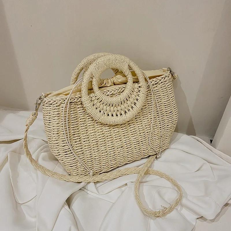 

Женские сумки и сумки из ротанга, соломенные сумки через плечо для женщин, летняя повседневная плетеная сумка через плечо, дорожная корзина, пляжная сумка 28x10x20cm бежевый