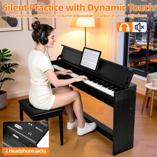 Piano Digitale Compatibile Bluetooth 88 Tasti con Triplo Pedale e MIDI USB, Tasti Sensibili al Tocco, 88 Tasti Pesati Jack Cuffie, Schermo LED,