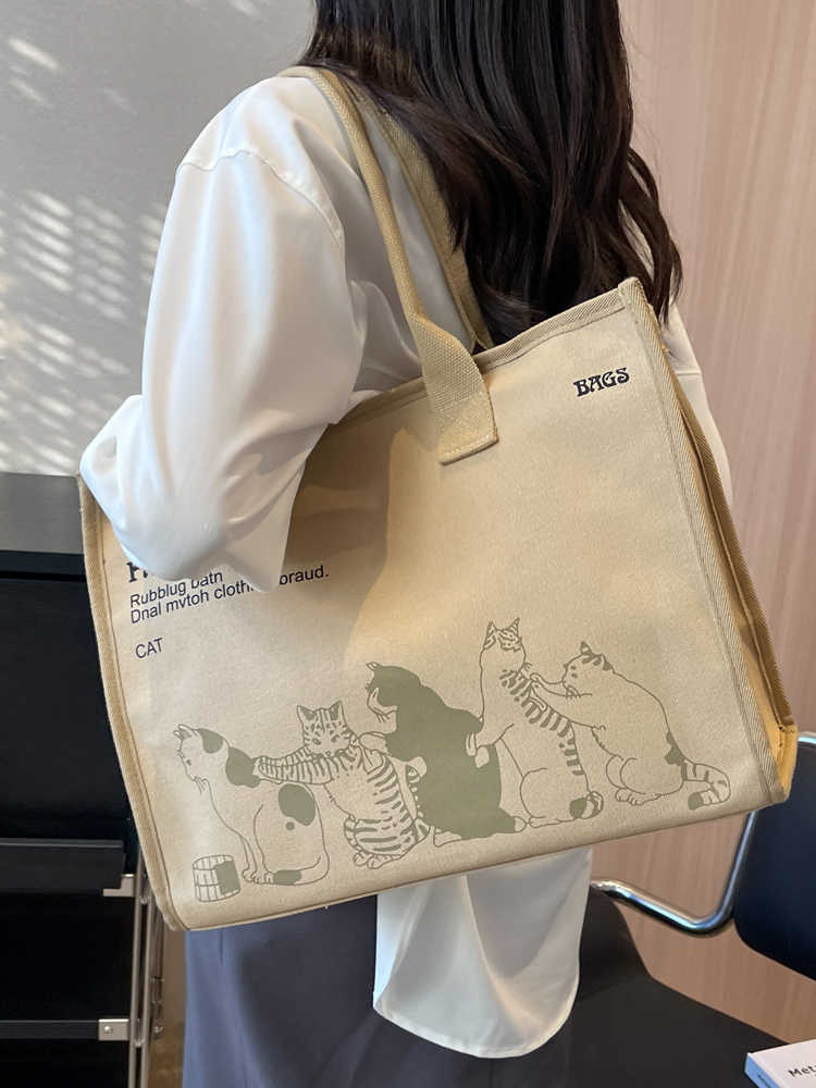 Sac Cabas en Toile Carto Cat Décontracté Simple Étudiant Voyage Sacs à Main Coréen Grande Capacité Femme Trajet Quotidien Sac à Bandoulière Unique
