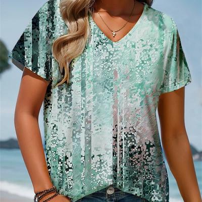 V Neck Artistic Short Sleeved T-shirt for Women's Summer Loose Oversized Printed Women's Top