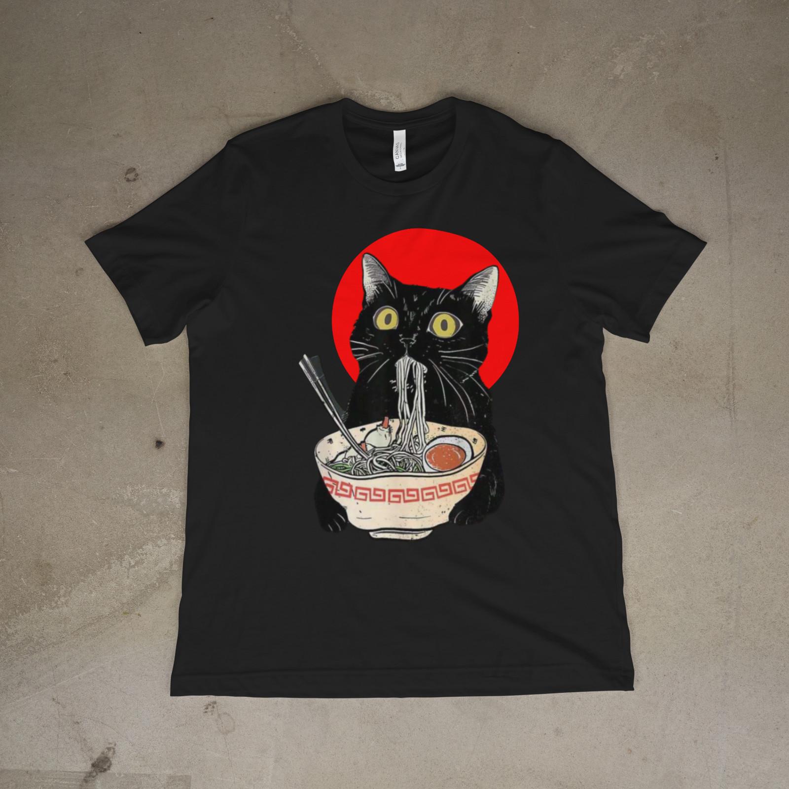 Japanese Ramen Cat Shirt Black Cat Noodle Bowl Anime Kawaii T-Shirt S