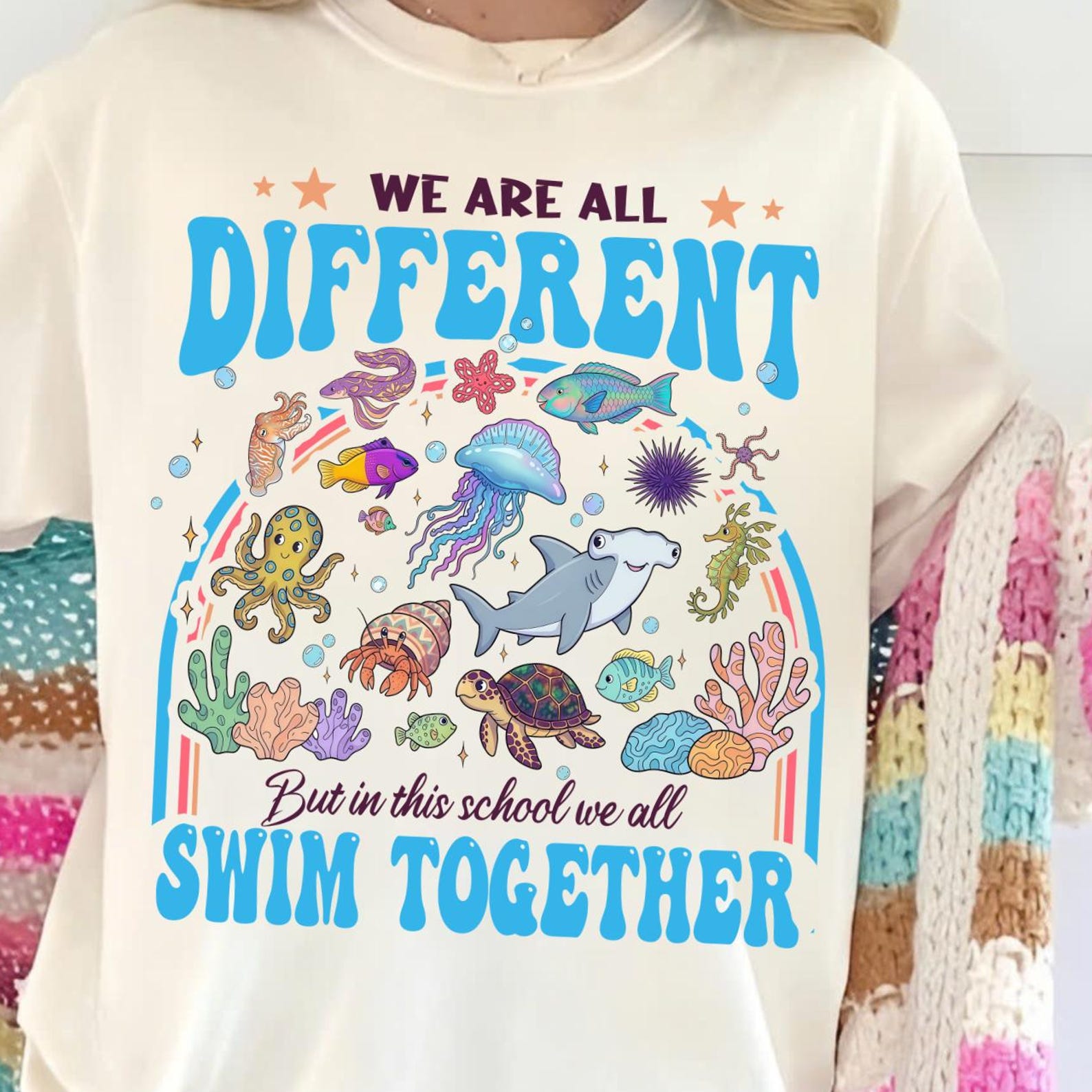 We Are Different But In This School We All Swim Together, Funny Ocean Animals Tee, Neurodiversity Tee, Special Education, Autism Acceptance L