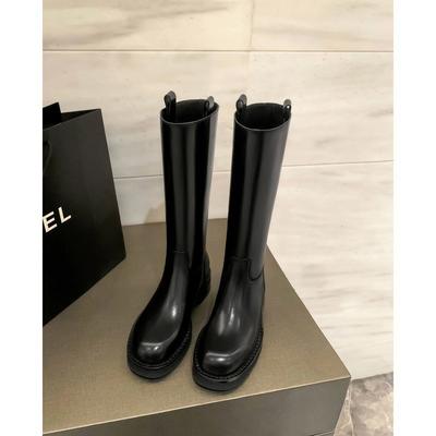 Cowhide Version~ Round Head High Boots Show Thinness and Height, Show Legs Straight Thick-soled Knight Boots Women's Autumn and Winter