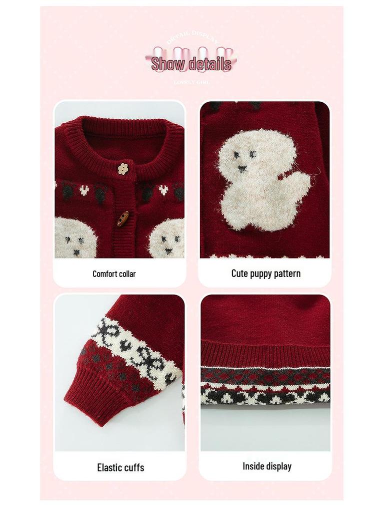 2025 Embroidered Puppy Knit Cardigan for Girls - Trendy Spring/Autumn Sweater
