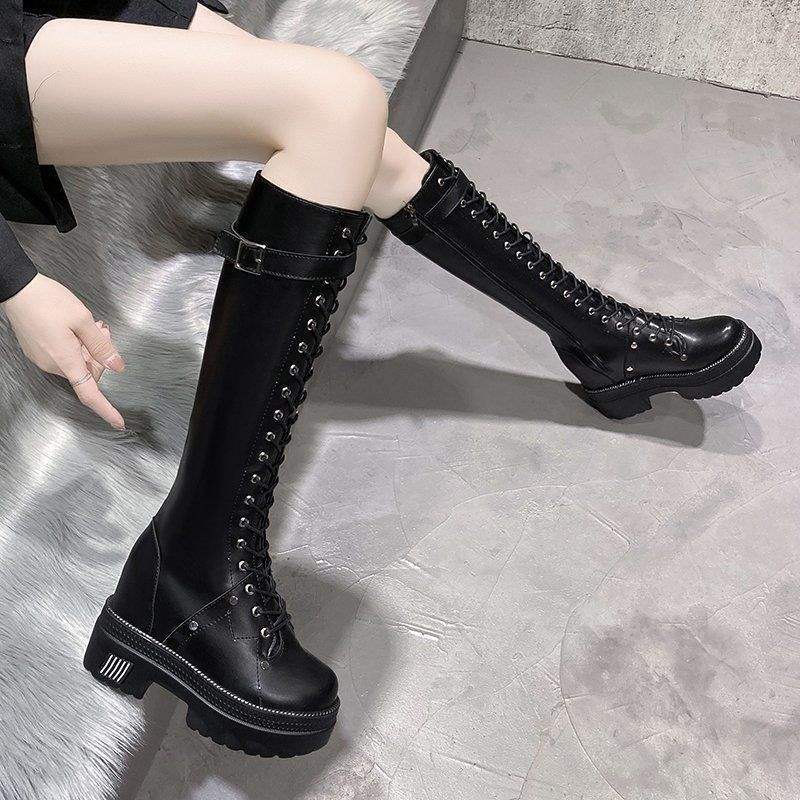 Damenstiefel mit dicker Sohle, Damen 2025 neue lange Ritterstiefel, aber die Kniehöhe nimmt zu. Die langen Stiefel sind dünn, Frühling und Herbst kleine Männer