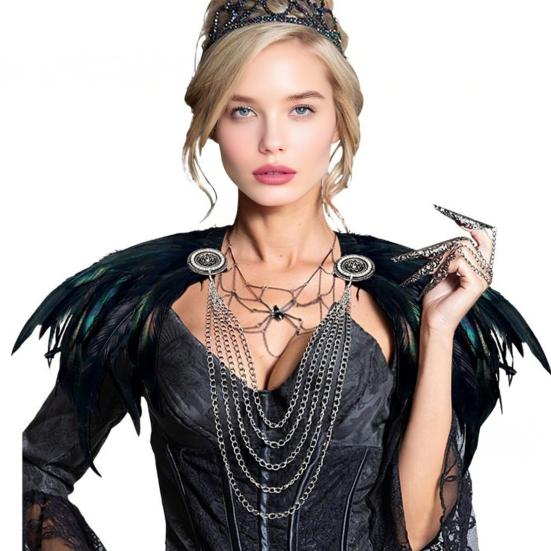 Women's Black Feather Shawl Cape Gothic Feather Shrug Poncho Collar Witch Cosplay Costume for Halloween Carnival