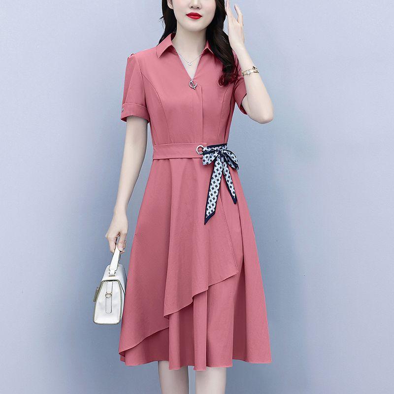 Summer Women's Dresses with Short Sleeves Solid Color Slimming and Covering Belly