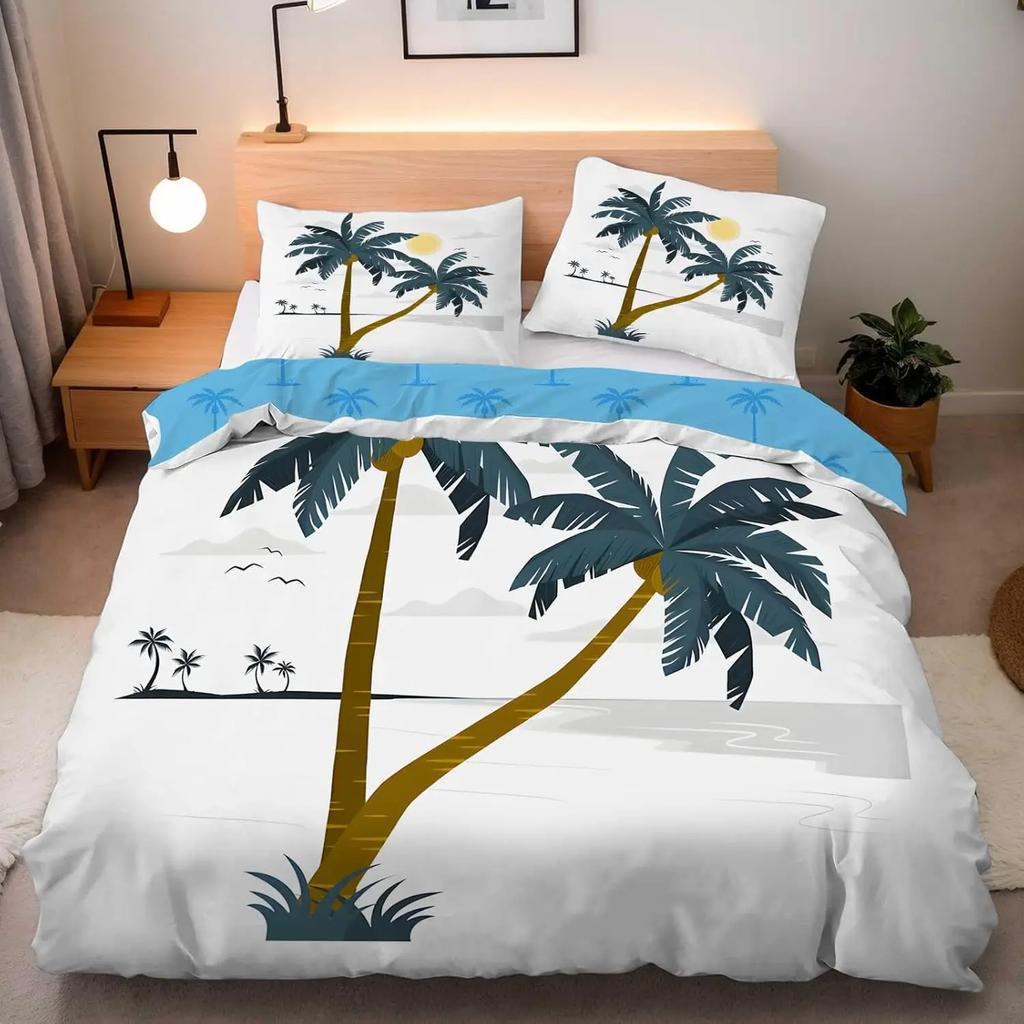 Seaside Coconut Trees Single Duvet Cover Set, Microfiber Bedding Set with Zipper Closure and 1/2 Pillowcases, for Boys and Girls